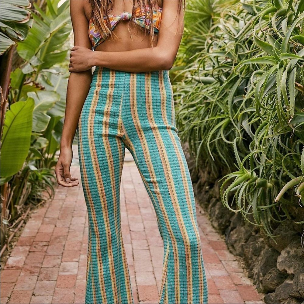 Free People Fine Line Slim flare pant elastic waist green pink small s